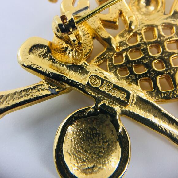 Vintage Ren Sports Mom Brooch Gold Tone Tennis Baseball Football Pin - Picture 3 of 6